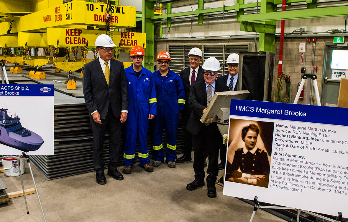 The Arctic and Offshore Patrol Ship (AOPS) project marks a milestone on August 25, 2016, with the cutting of steel of the future HMCS Margaret Brooke, the second ship in the class. Geoff Simpson, AOPS Project Manager, is shown activating the plasma cutter to enter the ship into production during the event at Irving Shipbuilding Inc.’s Marine Fabricators facility in Dartmouth, Nova Scotia. As part of the National Shipbuilding Strategy’s combat vessel work package, the AOPS project will deliver five to six vessels to the Royal Canadian Navy by 2022.