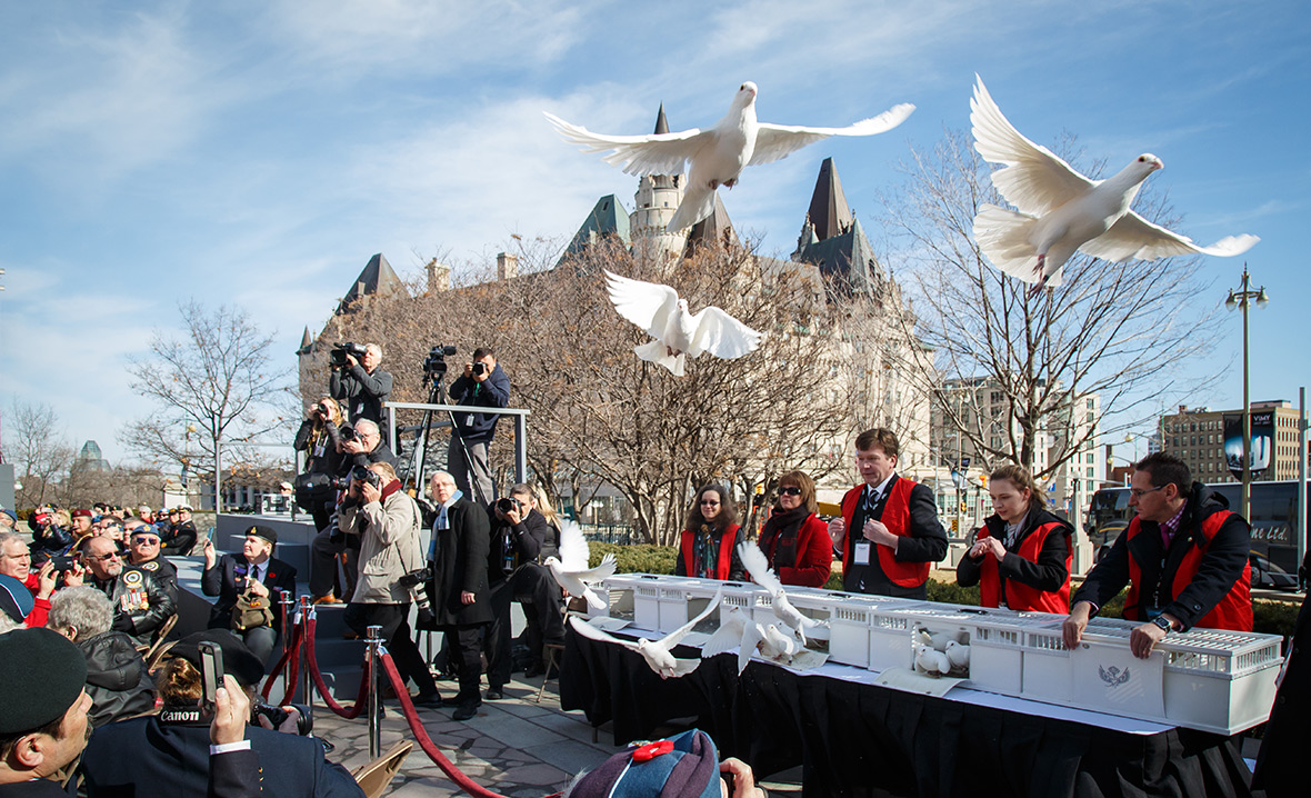 Des colombes sont relâchées par des bénévoles à la fin du 100e anniversaire de la bataille de la crête de Vimy, à Ottawa, Ontario, le 9 avril 2017.  Crédit photo: Caporal Chase Miller Services d'imagerie de l'Unité de soutien des Forces canadiennes (Ottawa)