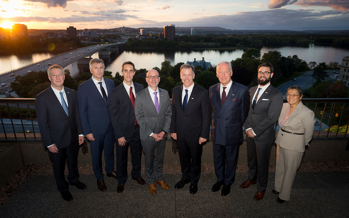 The Military Intelligence Defence Director (MIDD visits the Latvian Ambassadors at 125 Sussex on 05 October, 2017, in Ottawa, ON. Left to Right: Mr. Marks Deitons; Mr. Edmunds Freibergs; Mr. Guillaume Desjardins; Mr. Philippe Hébert; Rear-Admiral Scott Bishop; Mr. Indulis Krekis; Mr. Todd MacDonald; Lieutenant (Navy) Linda Kim. Photo credit:  Corporal Michael J. MacIsaac,  Canadian Forces Support Unit (Ottawa) – Imaging Services
