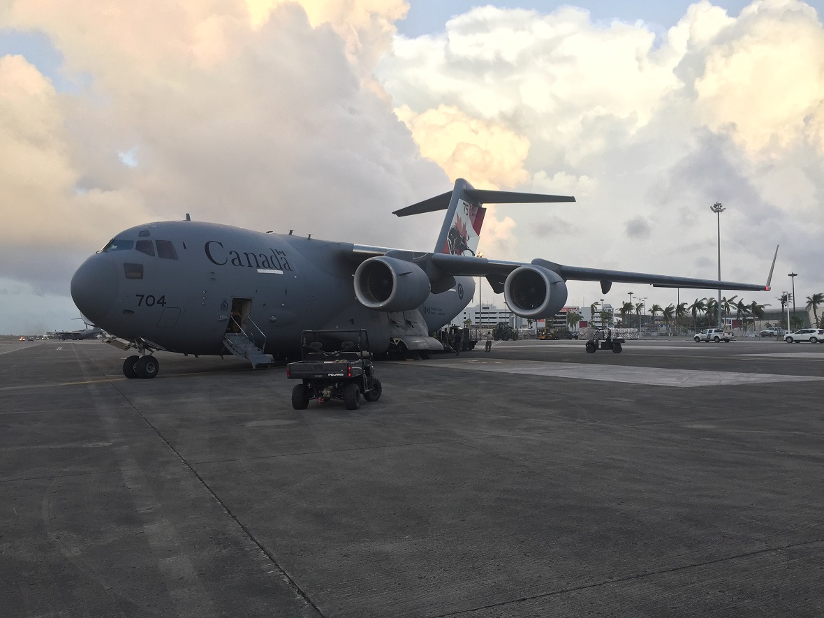 San Juan, Puerto Rico. September 29, 2017 - A Royal Canadian Air Force CC-177 Globemaster unloads cargo in Puerto Rico. The CC-177 is providing airlift support to American relief efforts in Puerto Rico and the US Virgin Islands as part of Operation RENAISSANCE. (Photo by Captain Steven Alexander, 429 Transport Squadron)