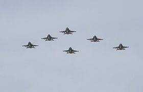 21 October 2014, Cold Lake, Alberta – CF-188 Hornet aircraft conduct a fly past at 4 Wing Cold Lake prior to deploying to Operation IMPACT. (Photo CK2014-1118-D012 by Cpl Audrey Solomon, 4 Wing Imaging, Cold Lake, Alberta)