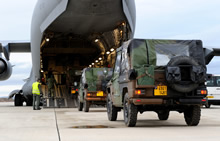Istres, France. 19 January 2013 - Several French military jeeps wait in line prior to boarding a Canadian Forces CC-177 Globemaster III aircraft at Base aérienne 125 Istres-Le Tubé in Istres, France. The jeeps are being delivered to Bamako, Mali. (Photo: Sergeant Matthew McGregor, Canadian Forces Combat Camera)