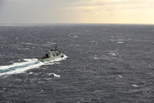 Mediterranean Sea, 26 January 2012 – Aerial image of Her Majesty's Canadian Ship Charlottetown at sea during Operation METRIC with Standing North Atlantic Treaty Organization (NATO) Maritime Group 1 in the Mediterranean Sea. (Photo by Cpl Ronnie Kinnie, Formation Imaging Services, Halifax)