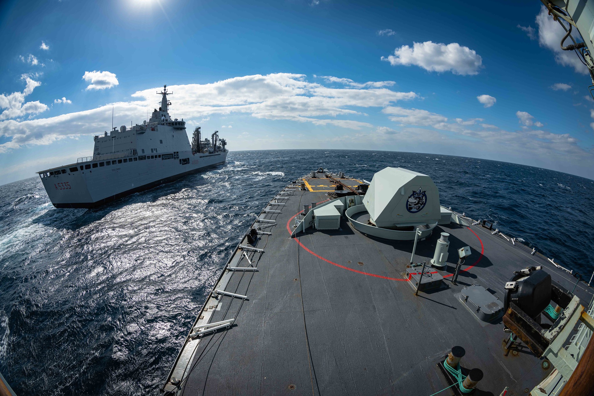 Operation REASSURANCE-MTF <br>
HMCS MONTREAL approaches ITS Vulcano for a replenishment at sea during Operation REASSURANCE, in the Mediterranean Sea on March 15, 2022. (Photo: Corporal Braden Trudeau Canadian Armed Forces)