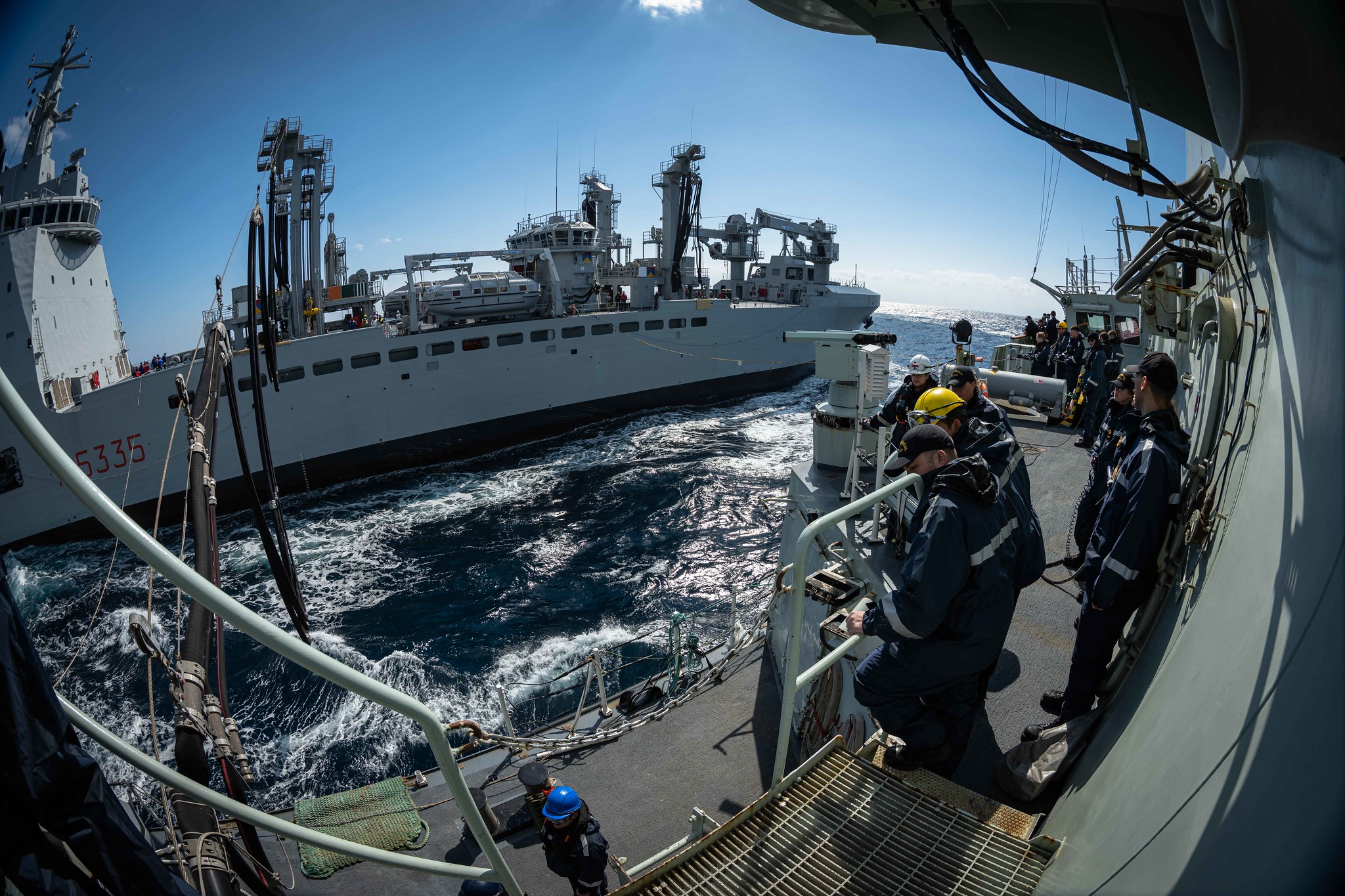 Operation REASSURANCE-MTF <br>HMCS MONTREAL conducts a replenishment at sea with ITS Vulcano during Operation REASSURANCE, in the Mediterranean Sea on March 15, 2022. (Photo: Corporal Braden Trudeau Canadian Armed Forces)
