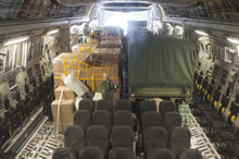 8 Wing Trenton. 28 April 2015 – Interior of CC-177 Globemaster aircraft fully loaded prior to departure for Nepal on April 28, 2015. (Photo: Corporal Dan Strohan, 8 Wing Imaging)