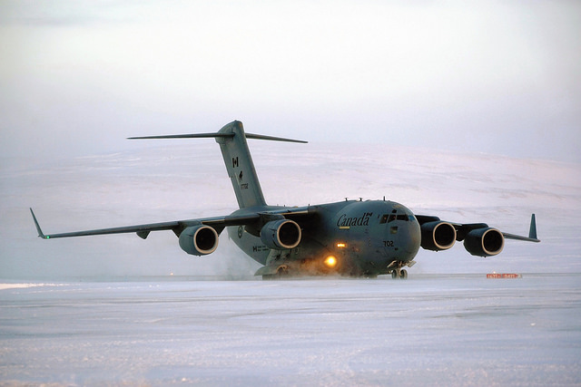 A CC-177 Globemaster aircraft from 8 Wing Trenton  lands at Resolute Bay, airport transporting deployed members and equipment during Operation NUNALIVUT 2018, February 27, 2018. Photo: Major Jean-Francois Robert, Commander Assessment Team Commander.