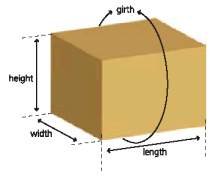 In the following illustration, the parcel has the following dimensions: length = 1.0 m (Approx 39"), width = 0.3 m (Approx 12"), and height = 0.15 m (Approx 6").