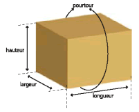 Dans l’illustration ci-dessous, le colis a les dimensions suivantes : longueur = 1.0 m (environ 39"), largeur = 0.3 m (environ 12"), et hauteur = 0.15 m (environ 6").