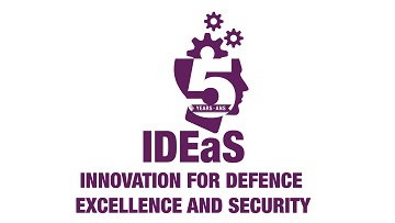 A profile view of a head with the number five. Three gears come out of the head. Text on image: 5 years – 2018-2023. IDEaS Innovation for Defence Excellence and Security.
