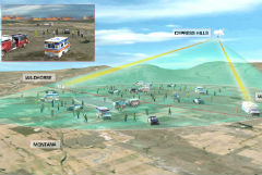 This graphic shows the scene on the ground during CAUSE III. There are fire trucks, paramedics, and police cars set up in and around Wildhorse, Cypress Hills, and Willow Creek in Canada, and Montana in the U.S. The image shows the Cell on a Balloon flying over Cypress Hills emitting a green bubble.