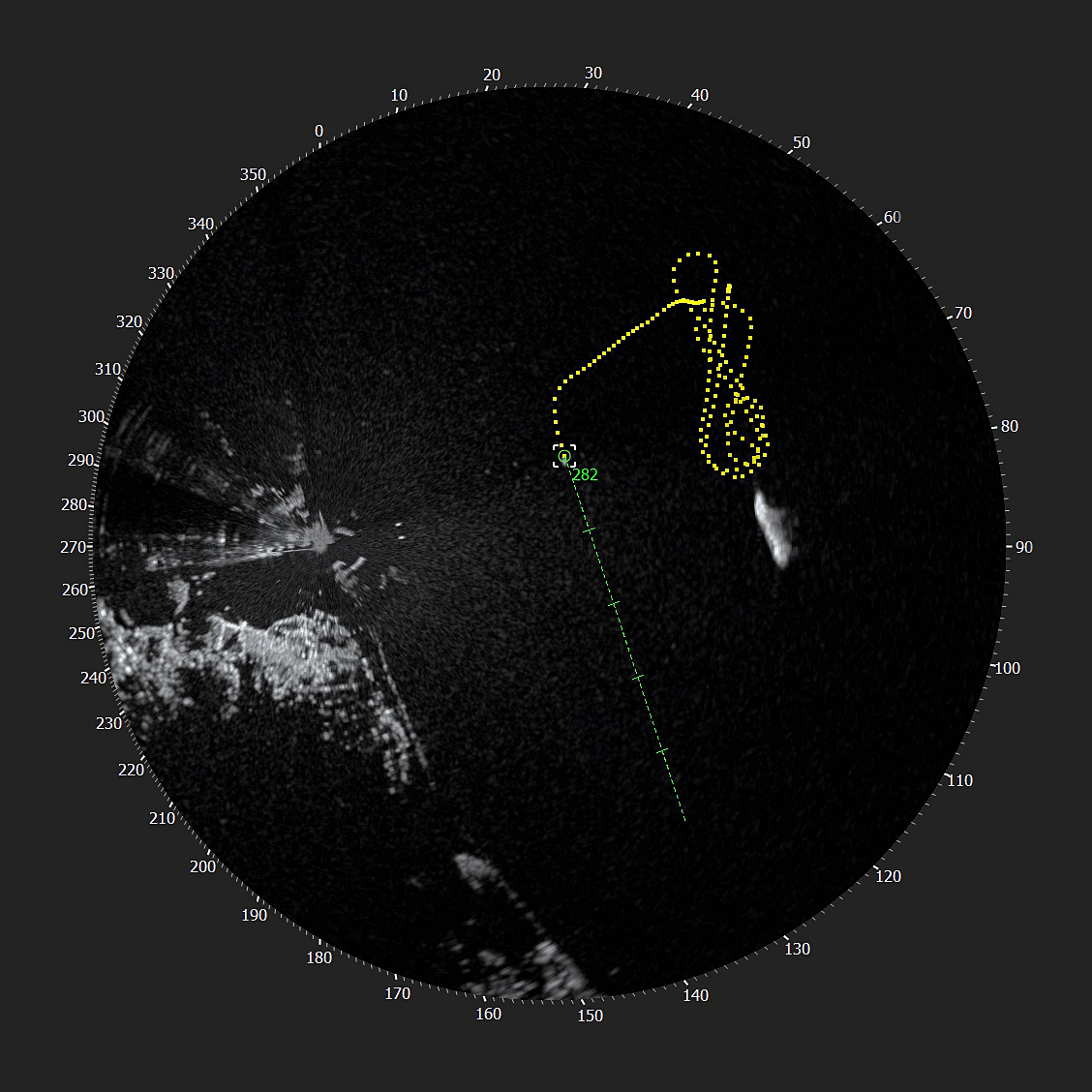 A computer interface showing a rescue craft travelling at 48.5 knots doing manoeuvres in Conception Bay South, Newfoundland & Labrador.  The yellow trails on the screen shows its route, captured through Rutter’s sigma S6 Small Target Detection and Surveillance system.