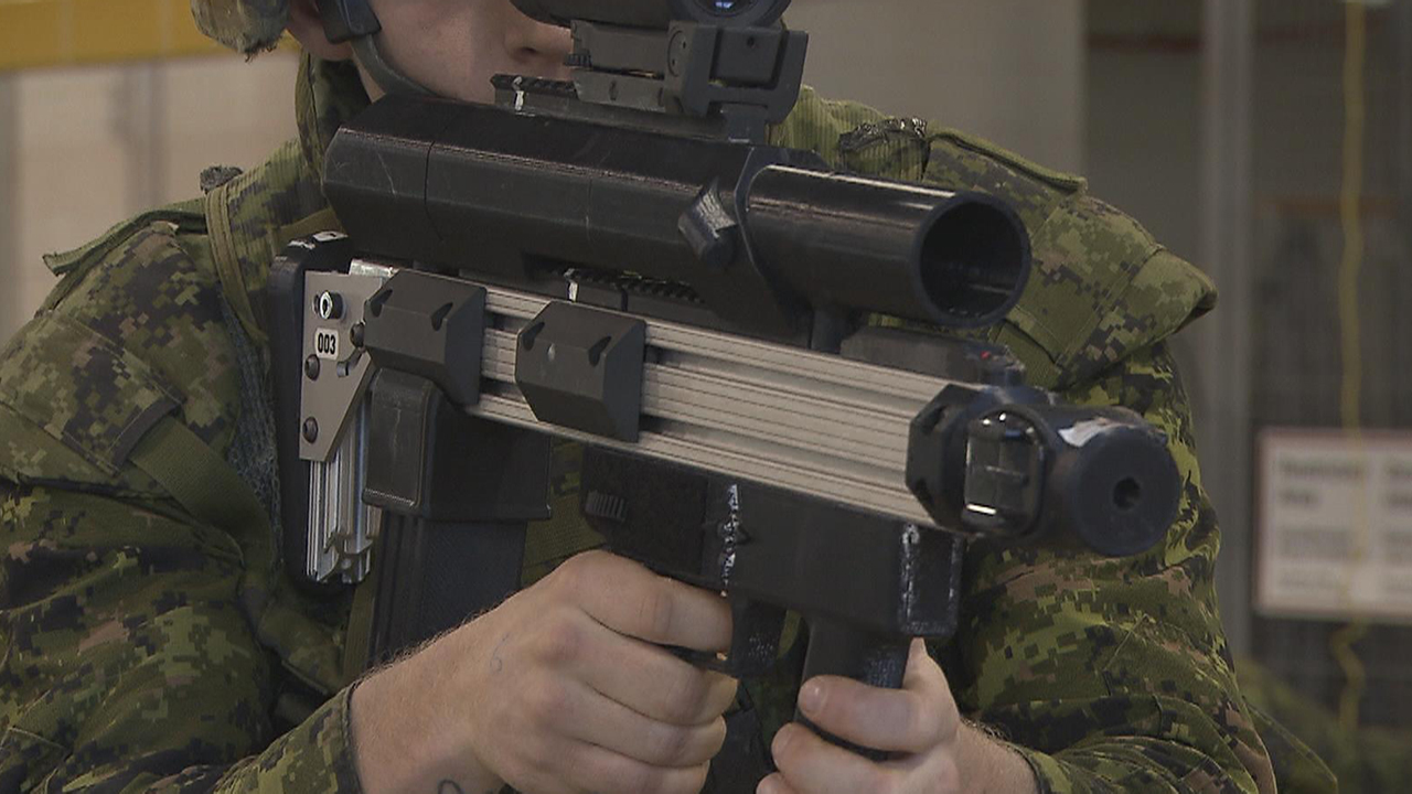 A Canadian Army soldier tests an early prototype of the next generation rifle.