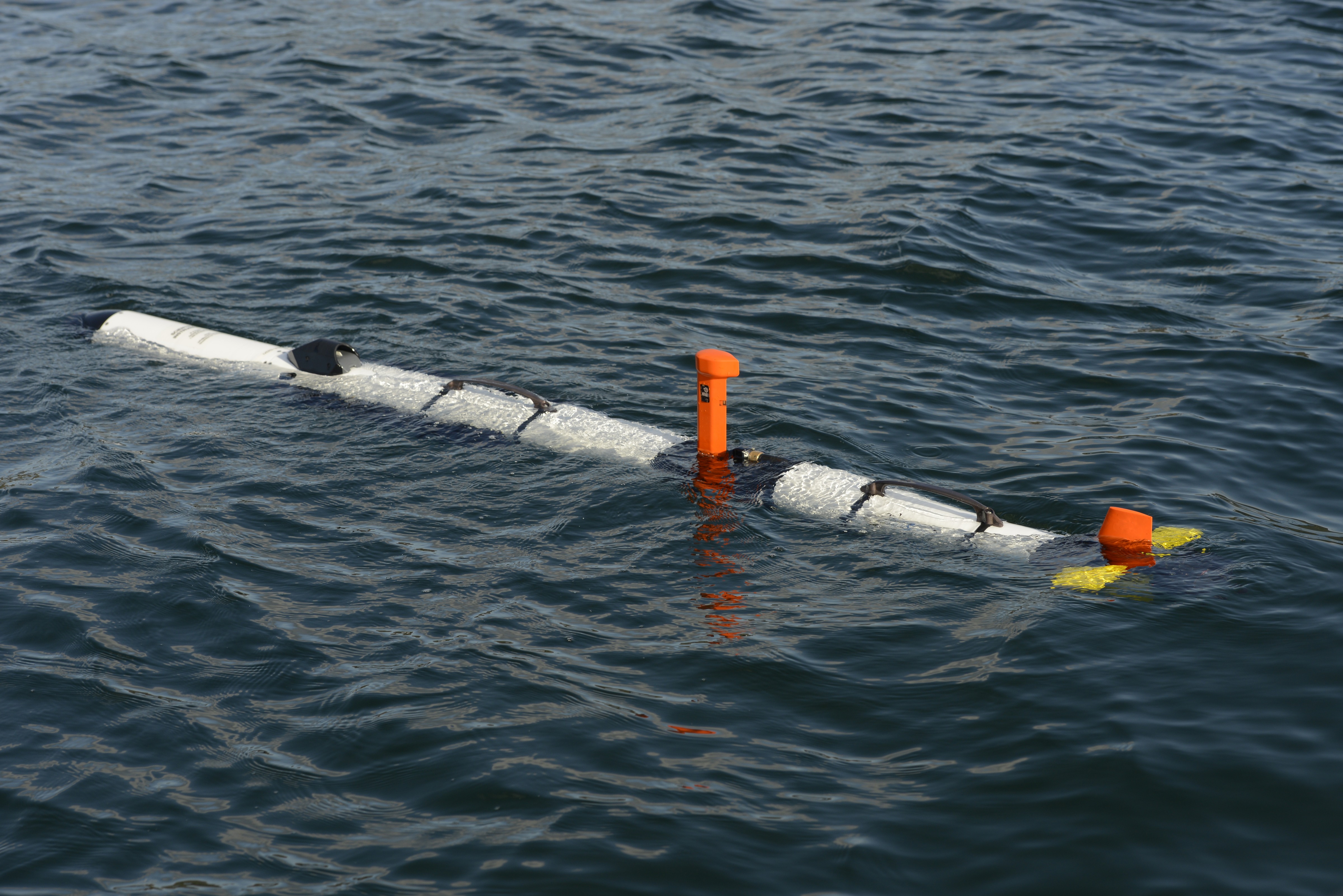 The Iver3 unmanned underwater vehicle waits on the surface before the start of an autonomous mission. Photo by Janice Lang, DRDC