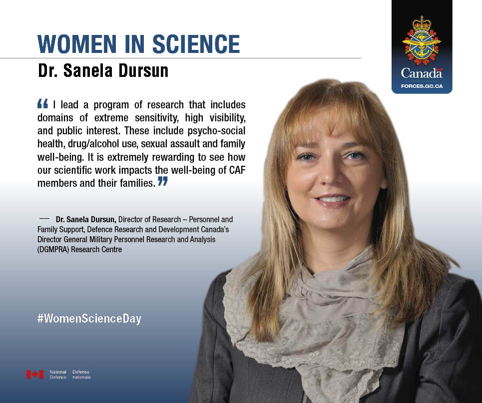 Women in Science: Dr. Sanel Dursun. The infographic includes a large portrait image of Dr. Sanela Dursun from the shoulders up.

“I lead a program of research that includes domains of extreme sensitivity, high visibility, and public interest. These include psycho-social health, drug/alcohol use, sexual assault and family well-being. It is extremely rewarding to see how our scientific work impacts the well-being of CAF members and their families.” – Dr. Sanela Dursun, Director of Research – Personnel and Family Support, Defence Research and Development Canada’s Director General Military Personnel Research and Analysis (DGMPRA) Research Centre. #WomenScienceDay