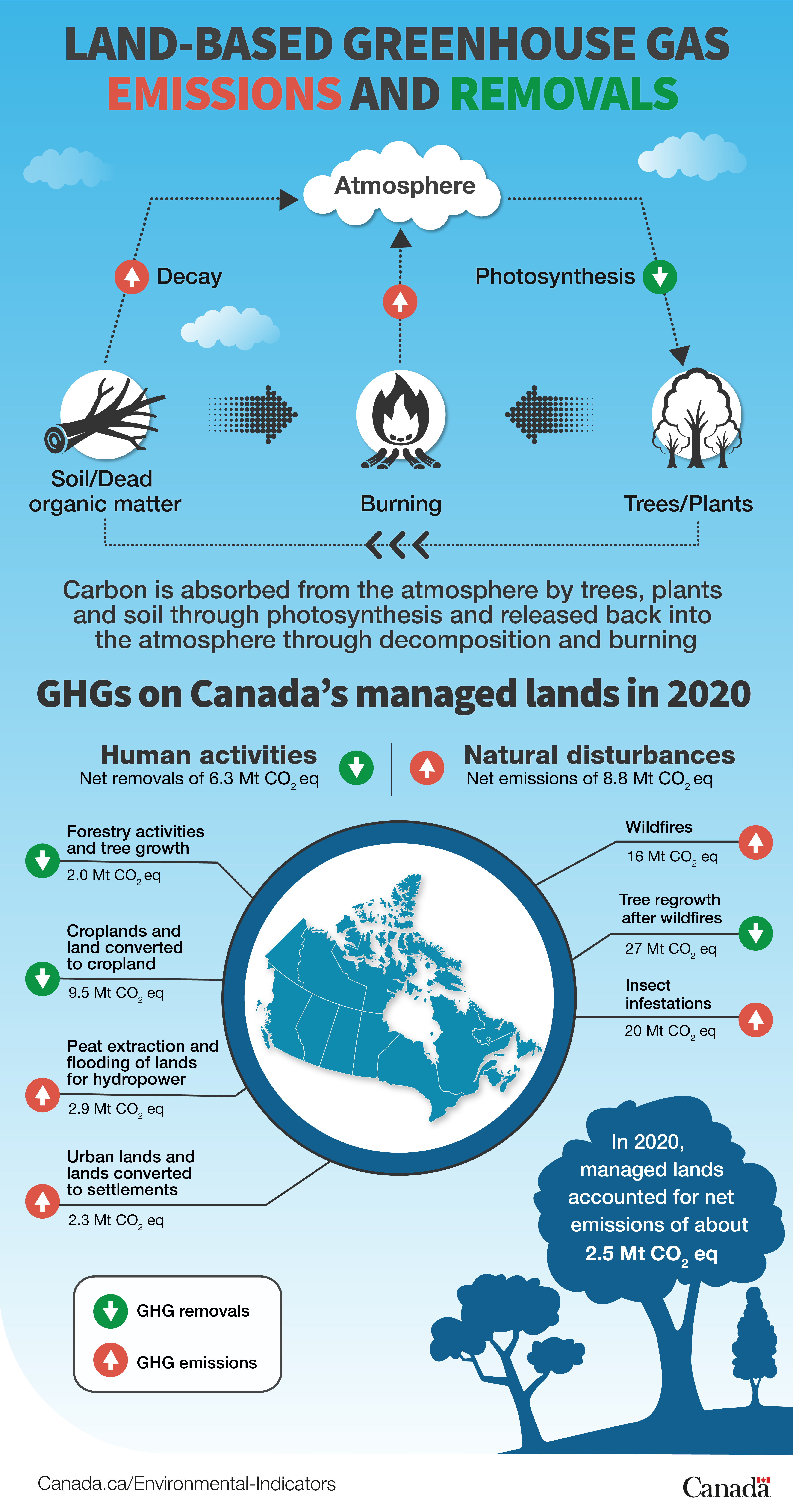 Infographic on Land-based greenhouse gas emissions and removals (see below for long description)