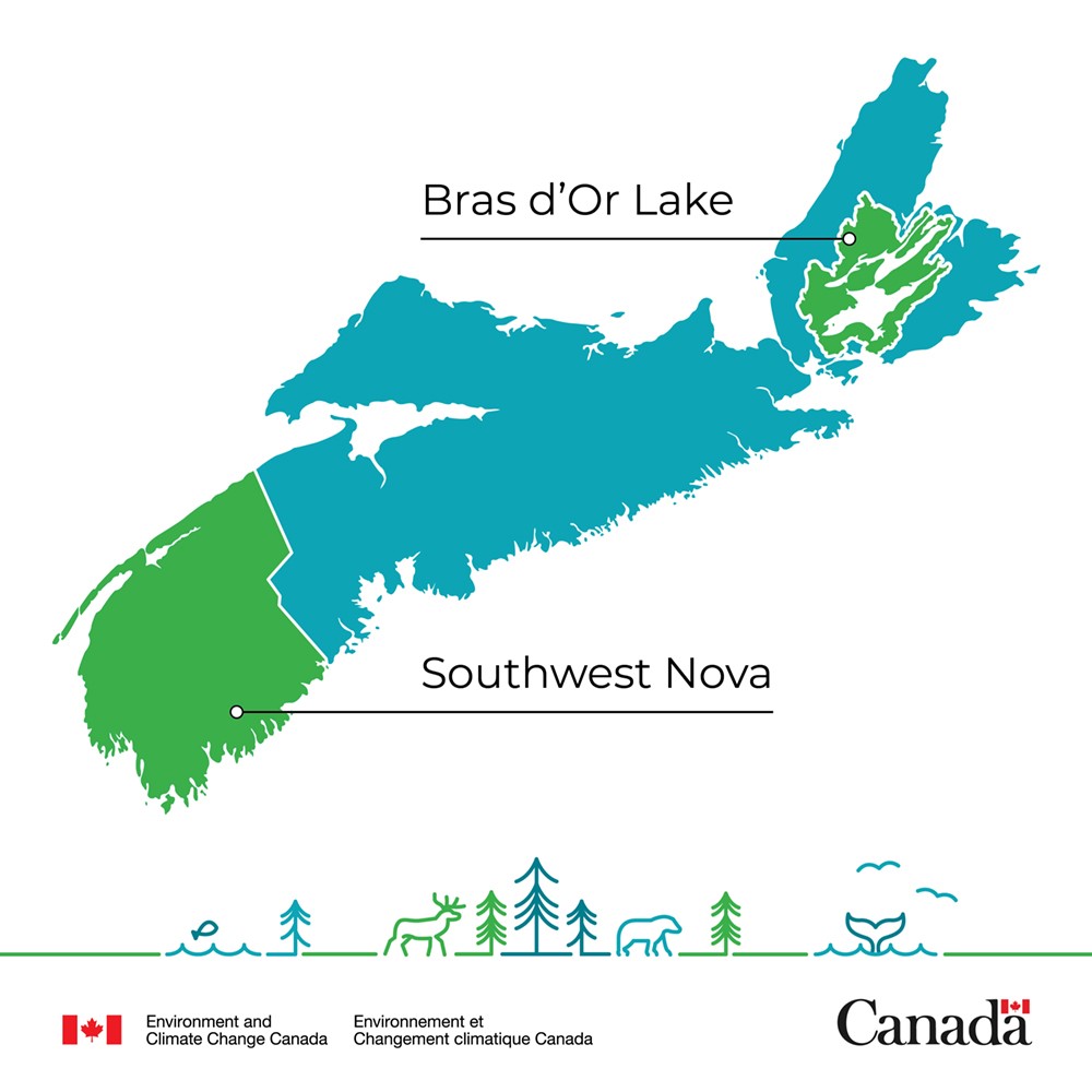 Une carte de la Nouvelle-Écosse, montrant les réserves de la biosphère de Southwest Nova (sud de l'île) et de Bras d'Or Lake (nord de l'ïle)