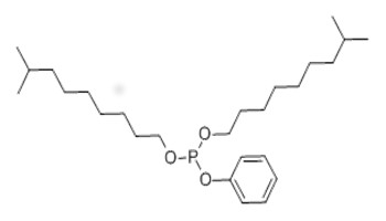 Representative chemical structure of DIISODECYL PHENYL PHOSPHITE (DIDPP), with SMILES notation: CC(C)CCCCCCCOP(OCCCCCCCC(C)C)Oc1ccccc1