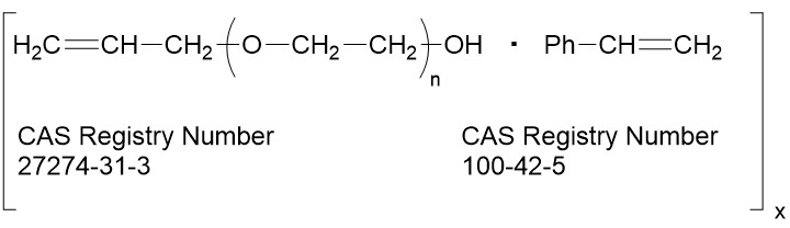 C=CCOCCO.C=CC=1C=CC=CC1 where OCC is a polymeric unit repeated n times (CAS RN 27274-31-3 and 100-42-5 polymer)