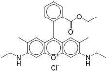Representative chemical structure of Basic Red 1, with SMILES notation:  CCNc1c(C)cc2c(c3c(C(OCC)=O)cccc3)c(cc(C)c(NCC)c4)c4[o+]c2c1.[Cl-]