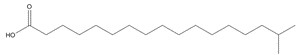 Representative chemical structure of isostearic acid, with SMILES notation: CC(C)CCCCCCCCCCCCCCC(=O)O