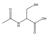 Representative chemical structure of acetyl cysteine, with SMILES notation: CC(=O)NC(CS)C(=O)O