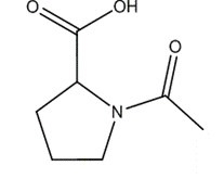 Representative chemical structure of acetyl proline, with SMILES notation: CC(=O)N1CCCC1C(=O)O