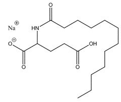 Representative chemical structure of sodium lauroyl glutamate, with SMILES notation: CCCCCCCCCCCC(=O)NC(CCC(=O)O)C(=O)[O-].[Na+]