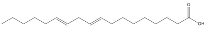 Chemical structure of Linoleic acid, with SMILES notation: O=C(CCCCCCC/C=C/C/C=C/CCCCC)O