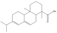 Structure chimique de l'acide abiétic, avec notation SMILES : O=C(C1(C)C2C(CCC1)(C)C3C(C=C(C(C)C)CC3)=CC2)O
