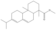 Structure chimique de l'ester méthylique de l'acide abiétique, avec notation SMILES : CC12C(CC=C3C2CCC(C(C)C)=C3)C(C(OC)=O)(CCC1)C