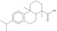 Structure chimique de l'acide déhydroabietique (DHAA), avec notation SMILES : O=C(C1(C)C2C(CCC1)(C)c3ccc(C(C)C)cc3CC2)O