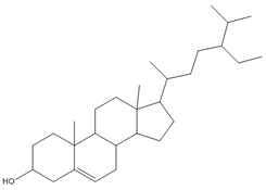 Structure chimique de beta-sitostérol, avec notation SMILES : OC(CC1)CC(C1(C2CC3)C)=CCC2C4CCC(C(C)CCC(CC)C(C)C)C43C