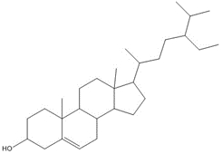 Chemical structure of beta-sitosterol, with SMILES notation: OC(CC1)CC(C1(C2CC3)C)=CCC2C4CCC(C(C)CCC(CC)C(C)C)C43C