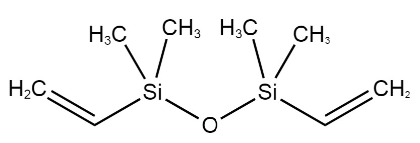 Representative chemical structure of dvTMDS, with SMILES notation: C=C[Si](O[Si](C=C)(C)C)(C)C