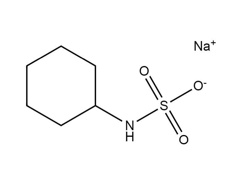 Representative chemical structure of Sulfamic acid, cyclohexyl-, monosodium salt, with SMILES notation: C1CCC(CC1)NS(=O)(=O)[O-].[Na+]