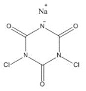 Representative chemical structure of NaDCC, with SMILES notation: ClN1C(=O)[N-]C(=O)N(Cl)C1=O.[Na+]