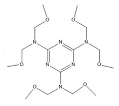 Representative chemical structure of hexa(methoxymethyl)melamine, with SMILES notation:
O(CN(c(nc(nc1N(COC)COC)N(COC)COC)n1)COC)C