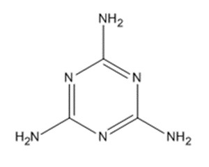 Representative chemical structure of melamine, with SMILES notation:
n(c(nc(n1)N)N)c1N