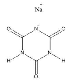 Representative chemical structure of sodium cyanurate, with SMILES notation: 
O=C1NC(=O)NC(=O)[N-]1.[Na+]