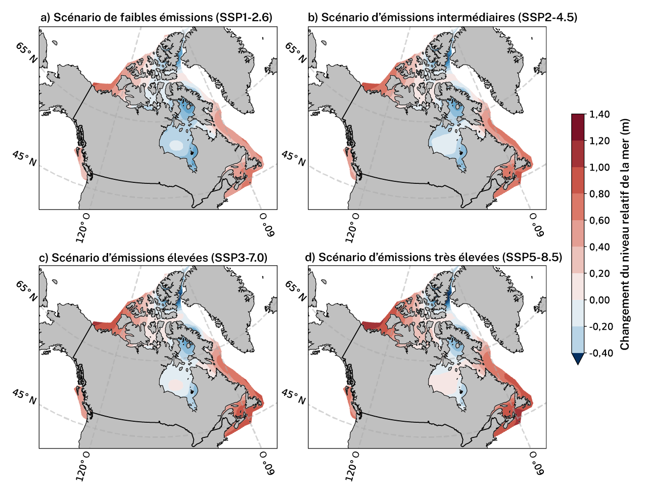 Variation médiane projetée du changement relatif du niveau de la mer au Canada