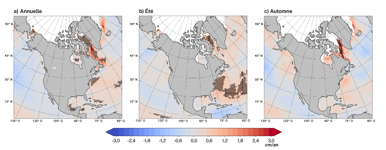 Cartes montrant les tendances de la hauteur significative moyenne des vagues