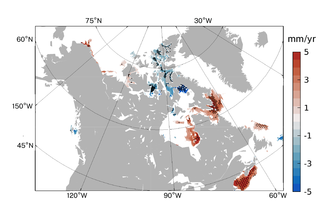 Map showing trends in annual storm surge