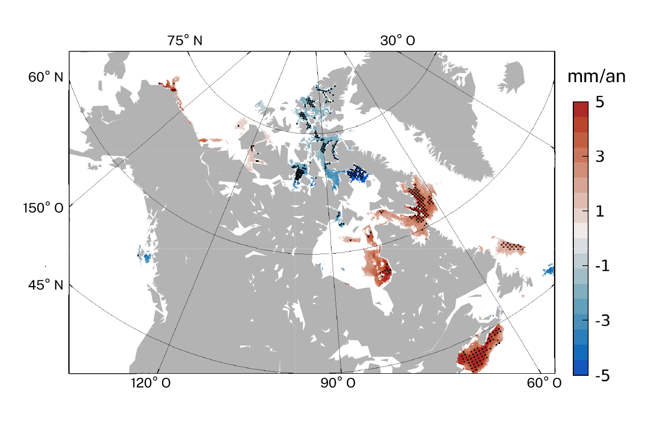 Carte montrant les tendances des maximums annuels des ondes de tempête