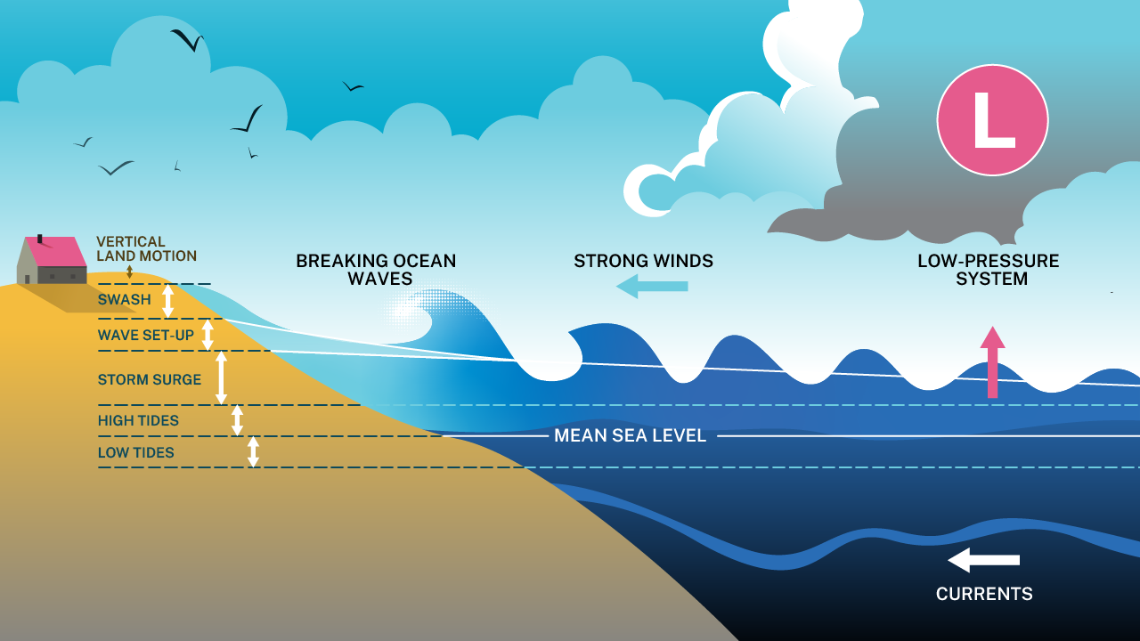 Illustration of the factors contributing to extreme sea levels along the coast