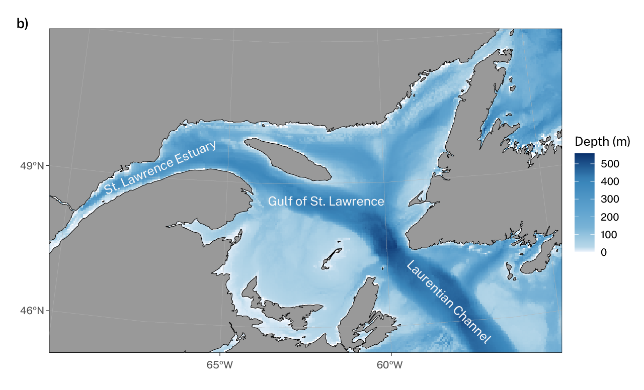 map showing the location and overall depths in the Estuary and Gulf of St. Lawrence