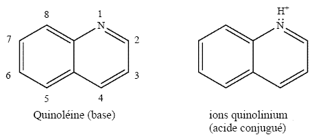 Structure chimique pour la quinoléine (base) et ions quinolinium (acide conjugué)