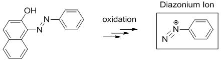 General formation of a diazonium ion that occurs via oxidation of the azo bond - See text below.