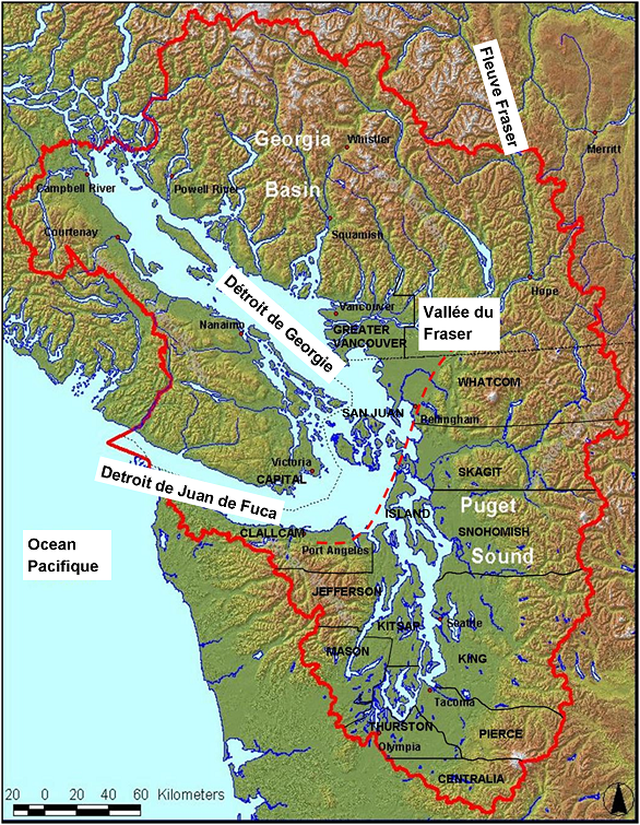 Figure 1.1 Le bassin atmosphérique de Georgia Basin/Puget Sound - Délimitation des bassins atmosphériques de Georgia Basin et du Puget Sound.