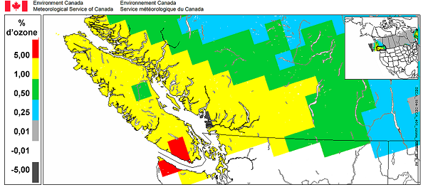 Figure 10.2 Réduction de la concentration moyenne quotidienne maximale d’ozone sur huit heures au-dessus de Georgia Basin d’ici 2020 à la suite de la mise en œuvre de la zone de contrôle des émissions (adapté de OMI, 2009). (Voir la description ci-dessous)